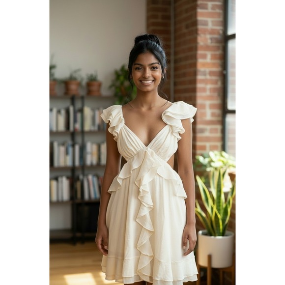 Rosevelvet Dresses & Skirts - Rosevelvet Women Cream Ruffle Cutout Mini Dress Open Back V-Neck Ivory Size M